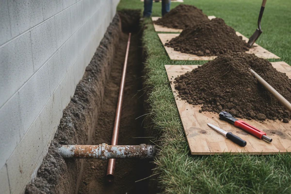 Excavated water line trench during Water Heater Repair in Payson